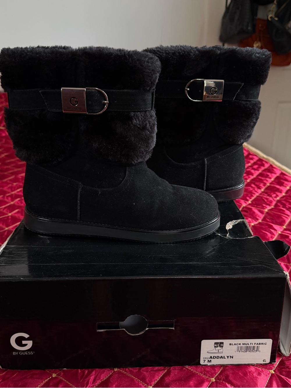 G by Guess Black Faux-Fur Mid-Calf Buckle Winter Boots